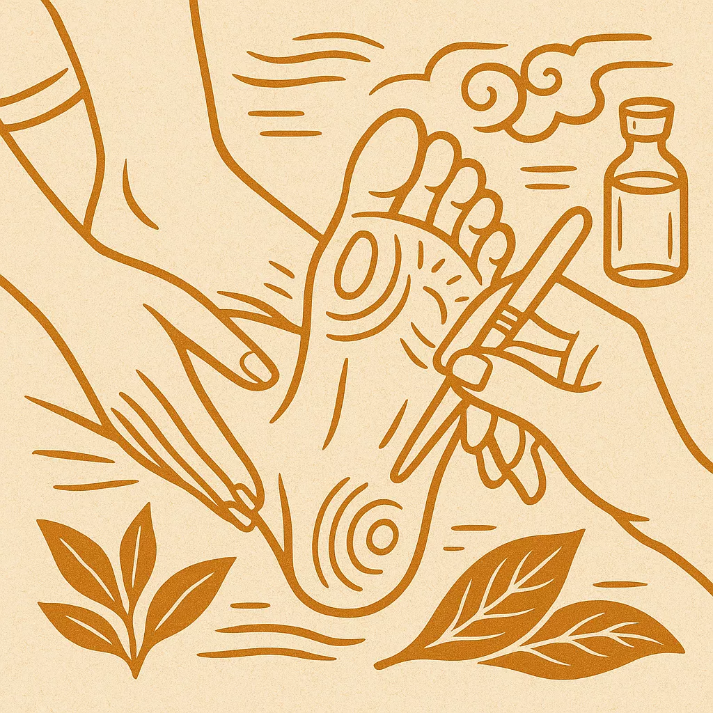 Techniques de réflexologie plantaire avec stylet bois et huiles essentielles