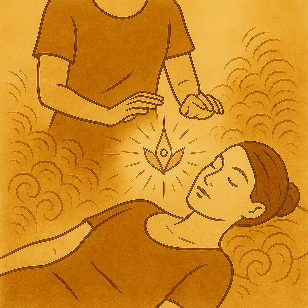 Soin Reiki Usui pratiqué sur le haut du corps dans un cadre apaisant