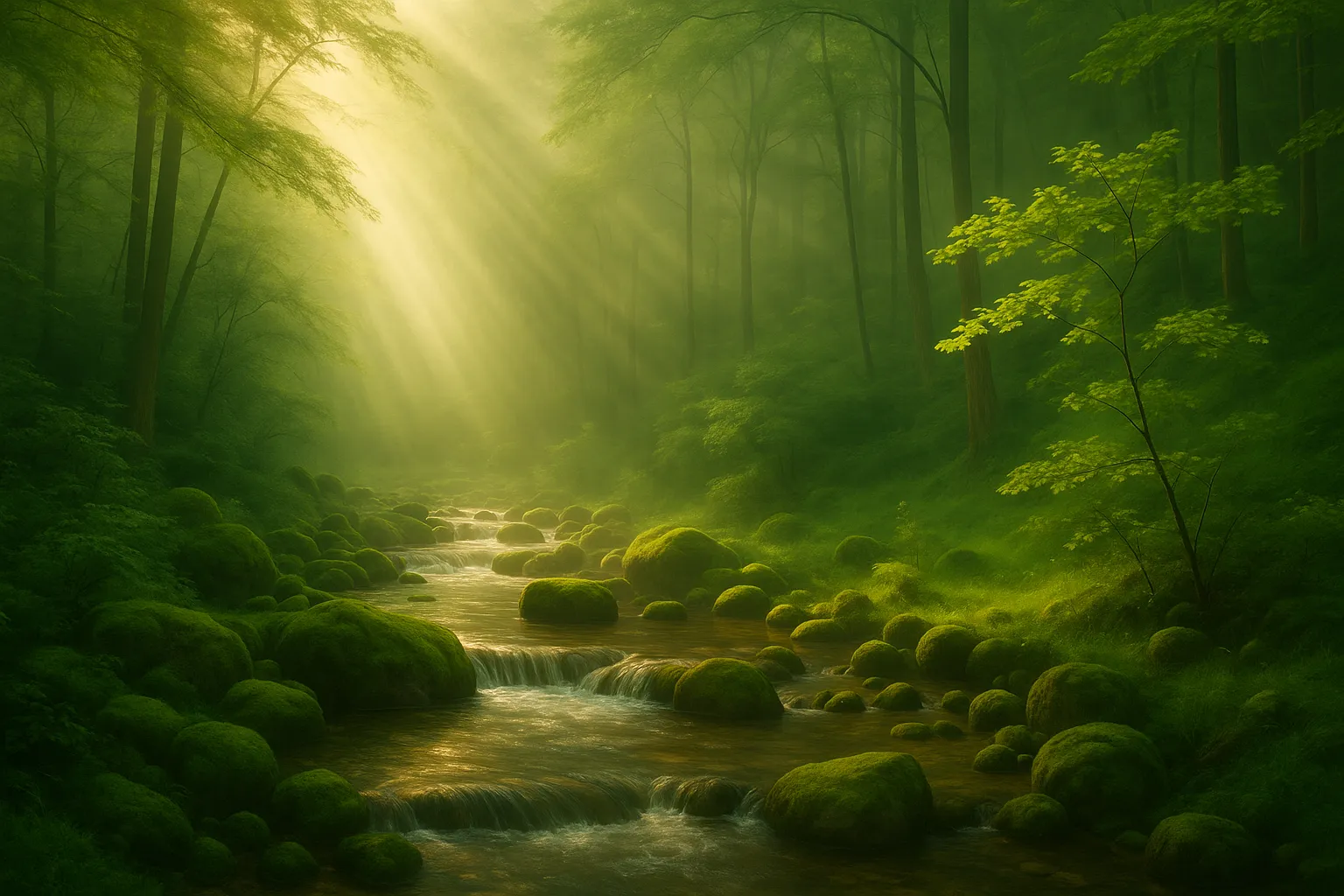 Image représentant un cours d'eau, des arbres avec une lumière douce et apaisante
