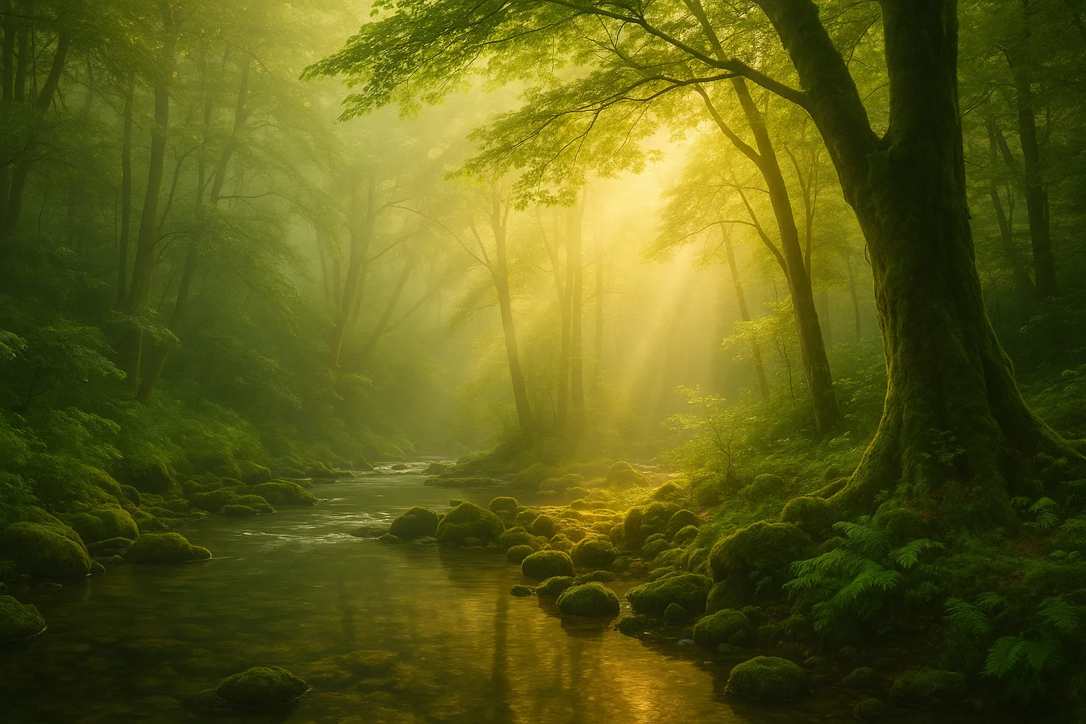 Image représentant une rivière, des arbres avec une lumière douce et apaisante