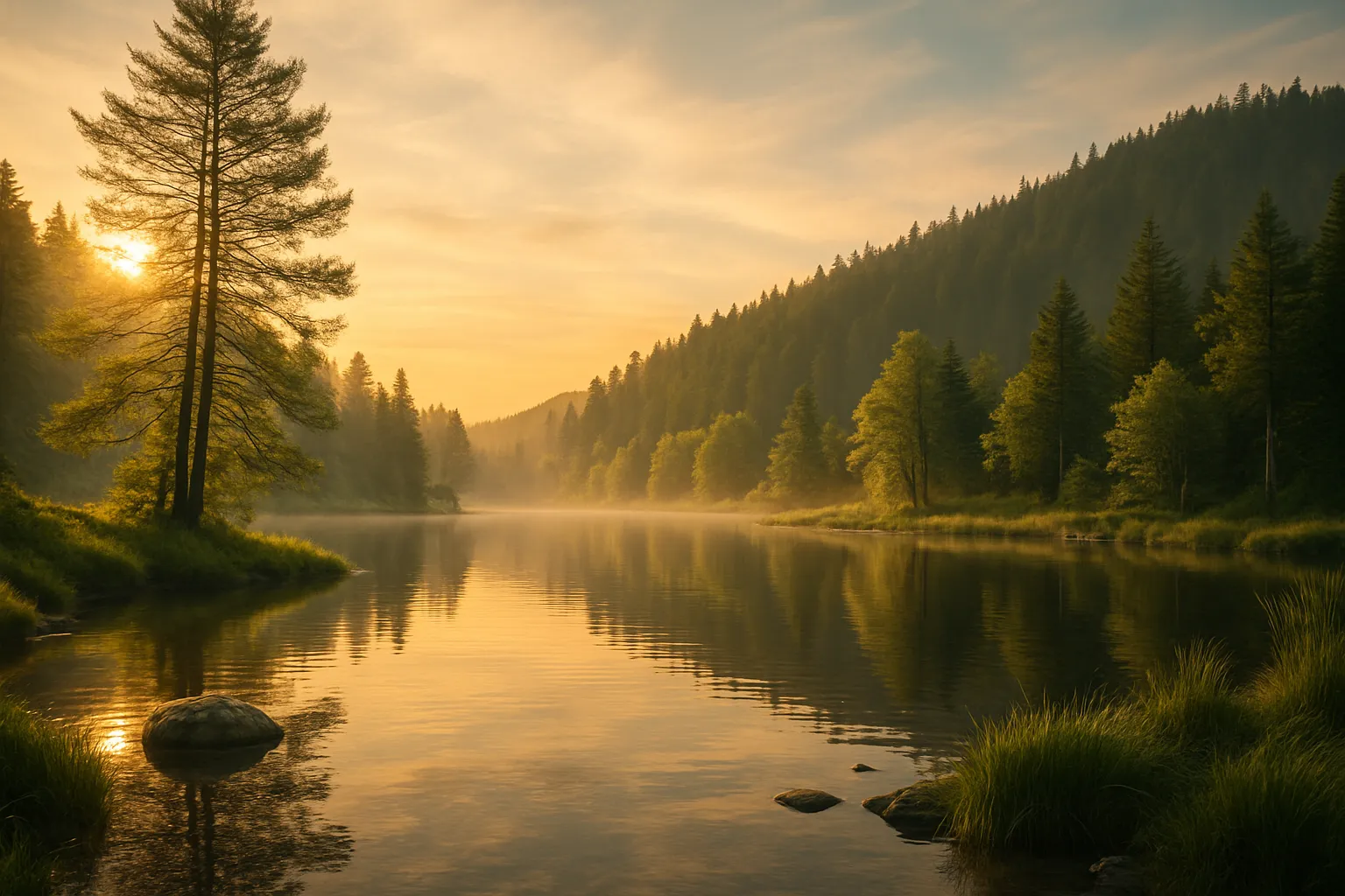 Image représentant un lac, une forêt sous un coucher de soleil, avec une lumière douce et apaisante