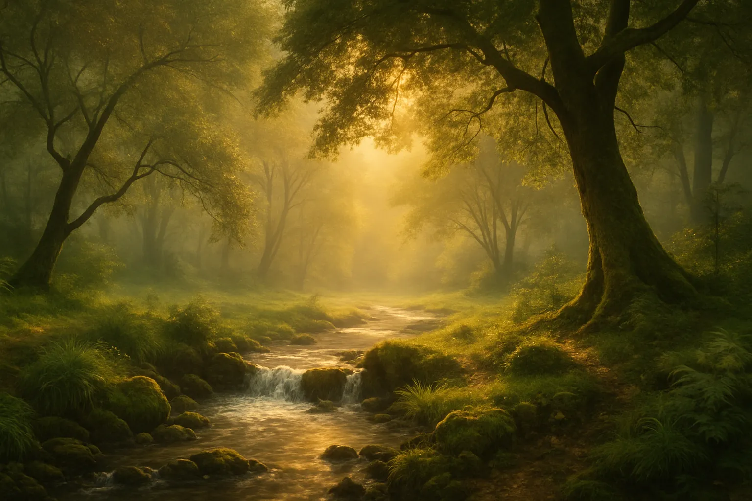 Image représentant un cours d'eau, des arbres avec une lumière douce et apaisante