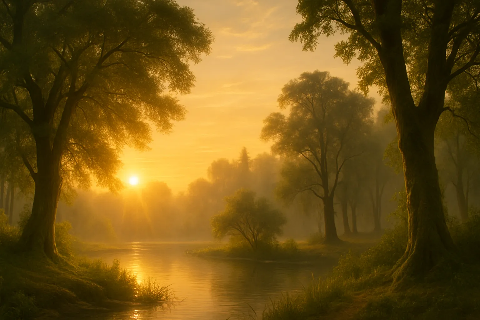 Image représentant un cours d'eau, des arbres sous un coucher de soleil, avec une lumière douce et apaisante