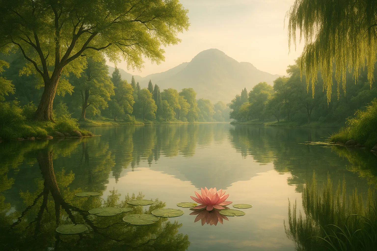 Image représentant un lac, une forêt avec une montagne en arrière-plan, sous un ciel nuageux